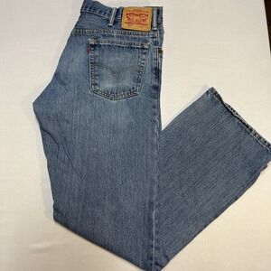 Levis 517 Jeans Mens 36x32 Blue Bootcut Distressed Denim Frayed Hem Faded